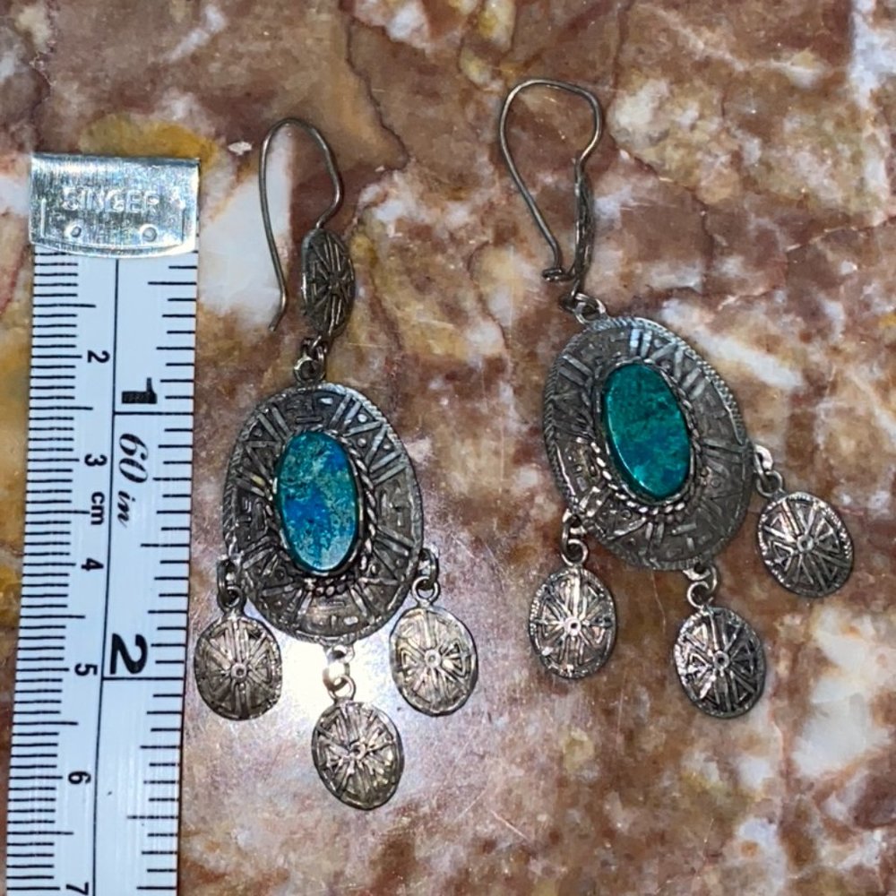 Native American Azurite Malachite 925 Earrings VTG - Picture 9 of 10
